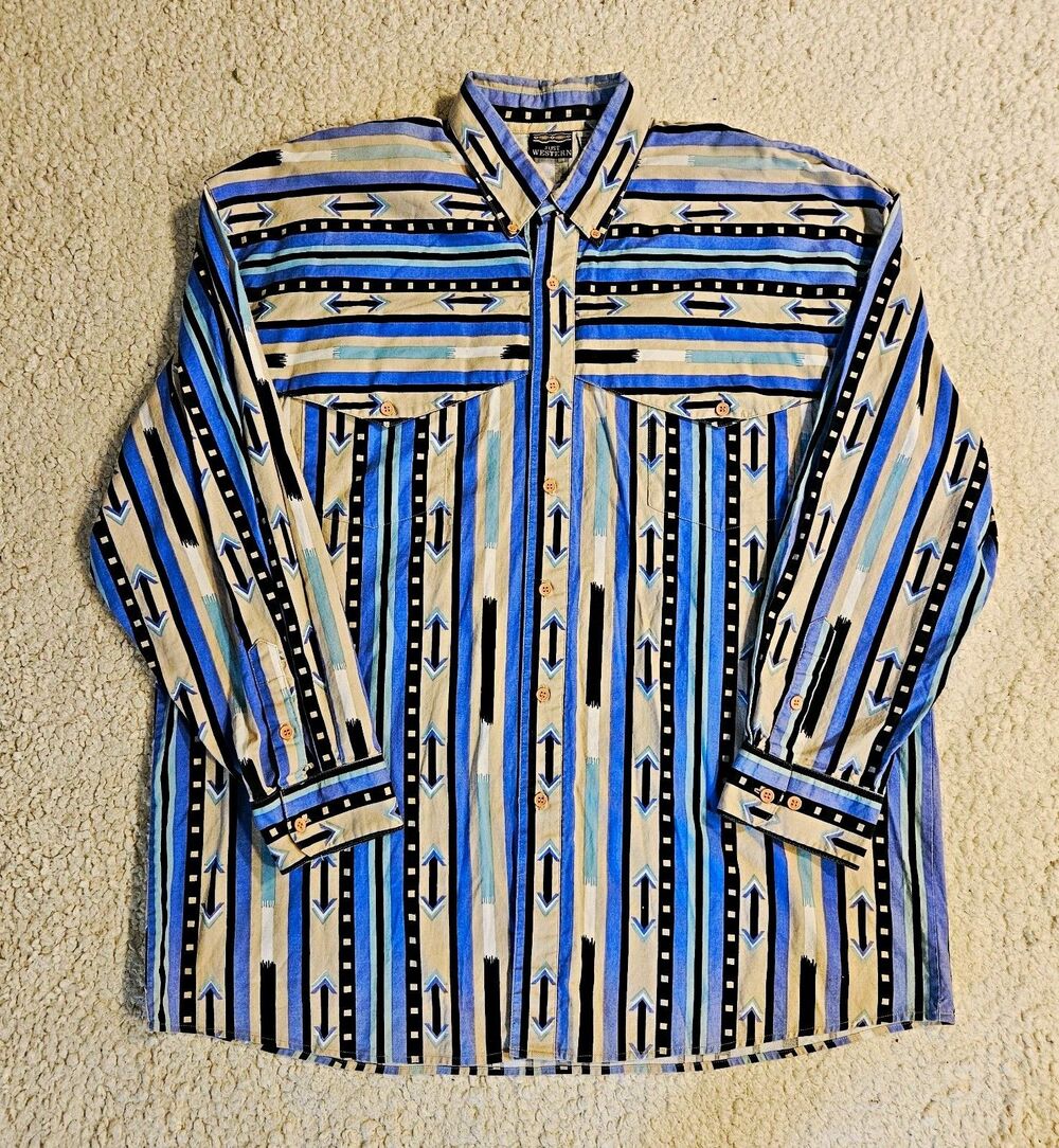 VTG 90s Brushpopper Shirt Western Button Up Mens XL Southwestern Aztec Stripe